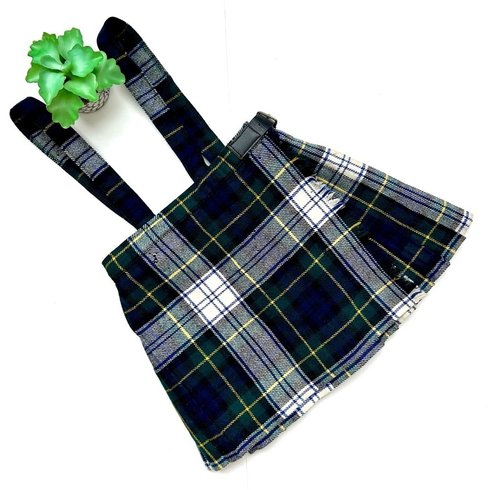Vintage Plaid Scottish Kilt Wrap Skirt Suspenders Tartan Green Pleated Size 2